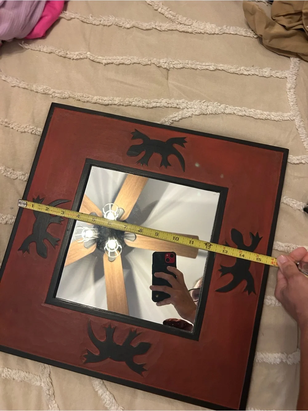 Source Unknown Rust Red Square Wall Mirror with Black Motifs